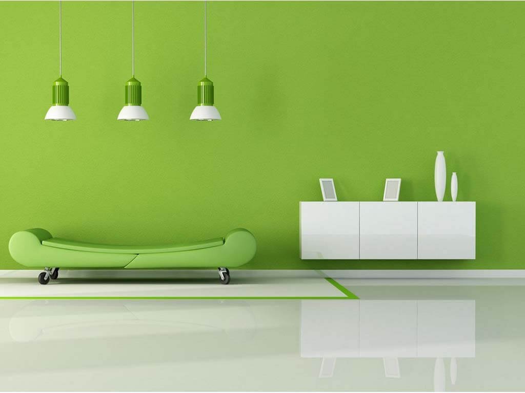 interior rumah dengan skema warna hijau terang