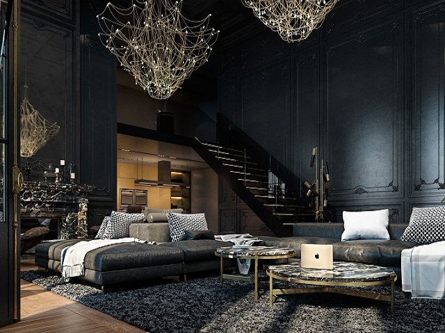 interior ruang keluarga dengan pilihan warna hitam