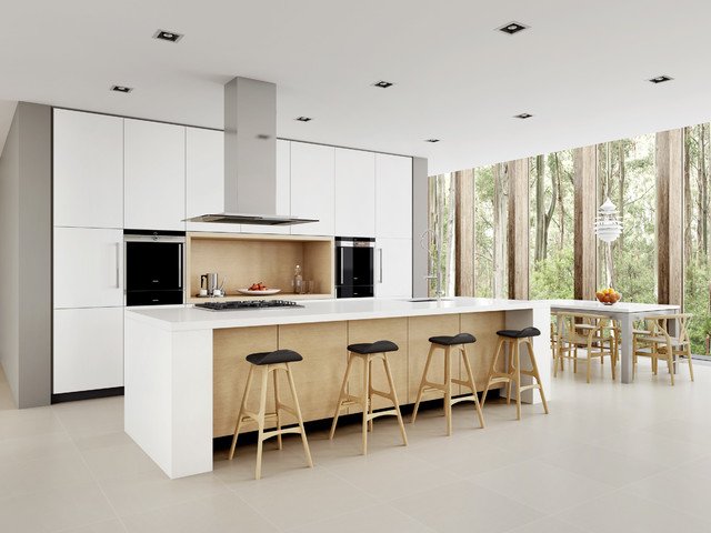 desain interior minimalis; desain dapur dan ruang makan dengan keseimbangan simetris
