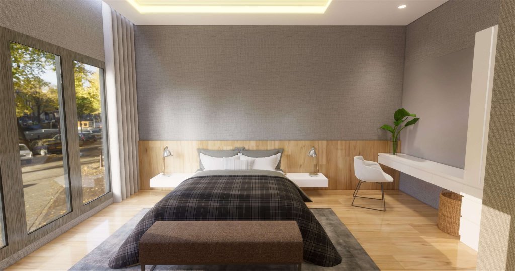 Kamar tidur utama dengan desain modern menggunakan furnitur minimalis dan kaca besar sebagai pencahayaan 