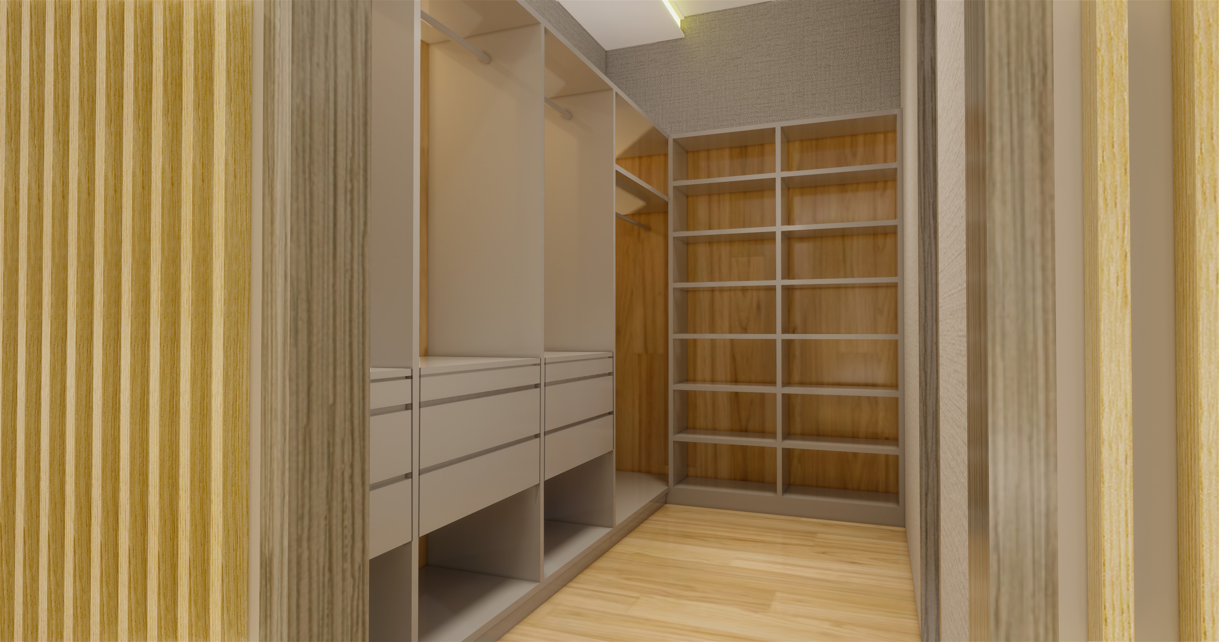 Walk in closet dengan gaya modern dan lampu minimalis