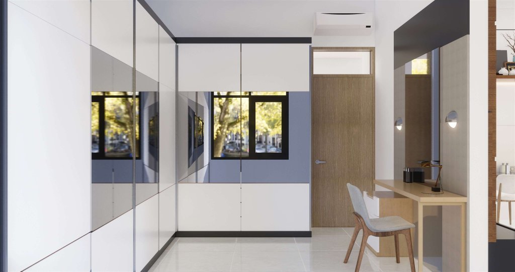 Walk in closet dengan gaya modern minimalis dilengkapi furnitur yang selaras