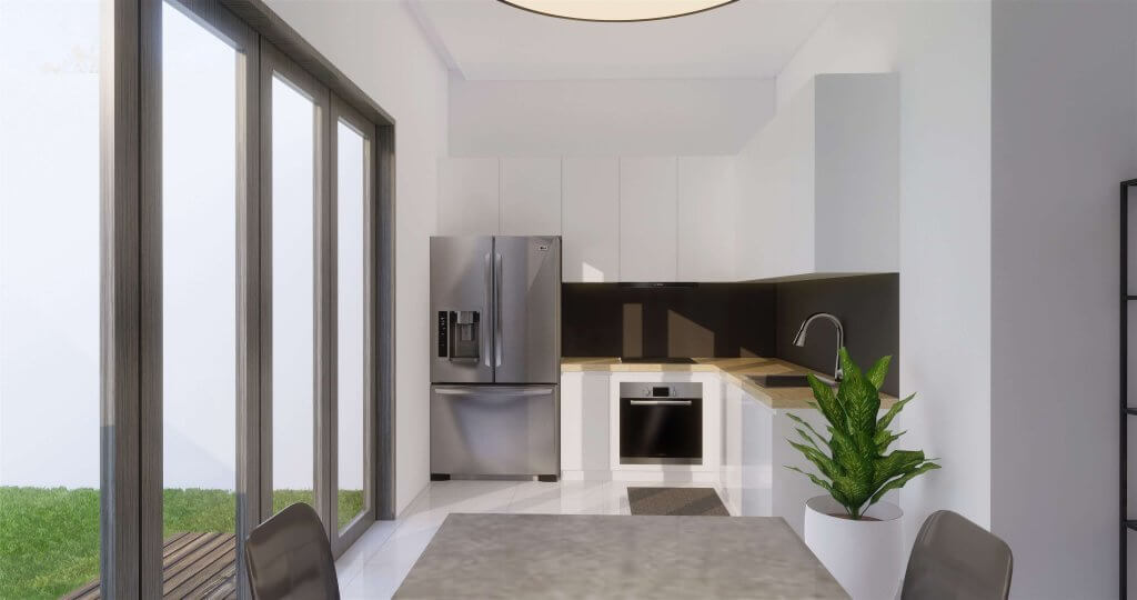 Dapur dengan gaya modern luxury dilengkapi furnitur minimalis dan tanaman hijau 