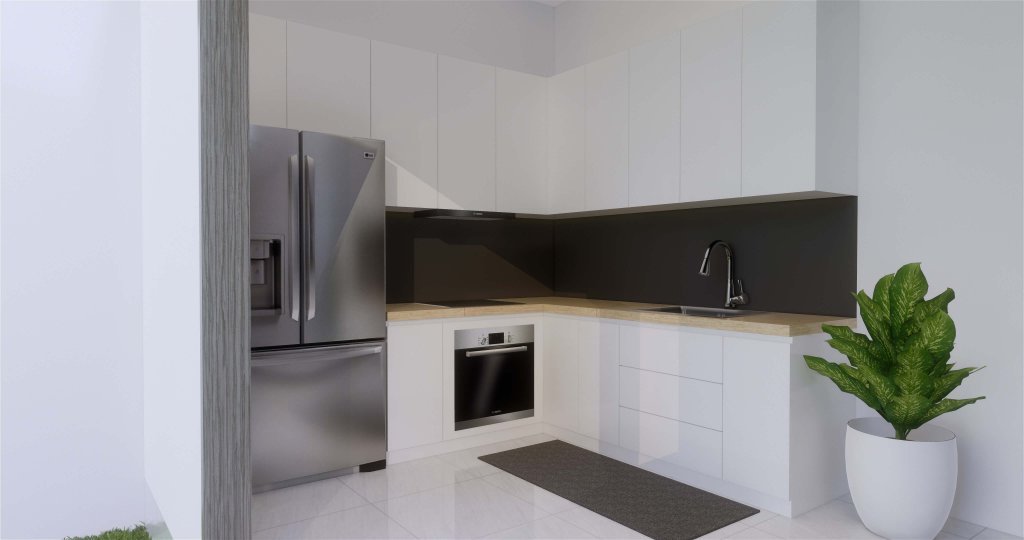 Interior desain dapur konsep modern dihiasi dengan tanaman hijau