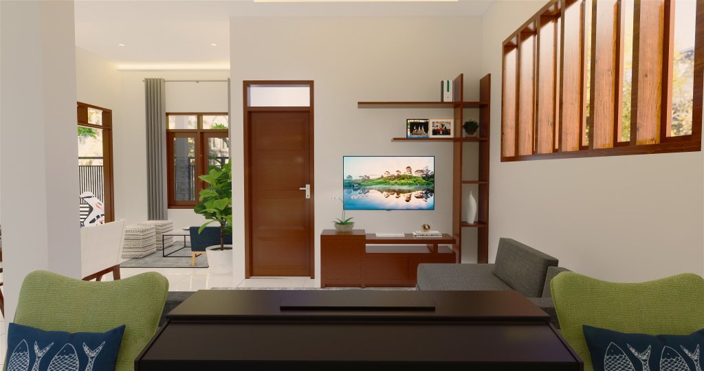 interior ruang keluarga dengan konsep kontemporer dilengkapi sirkulasi udara