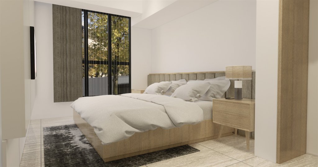 Interior desain kamar tidur utama gaya modern natural 