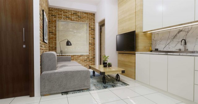 Interior ruang keluarga apartemen gaya industrial minimalis