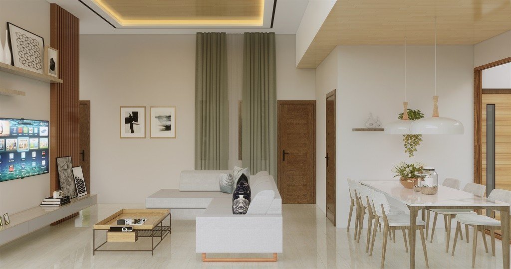 interior ruang keluarga dan ruang makan modern