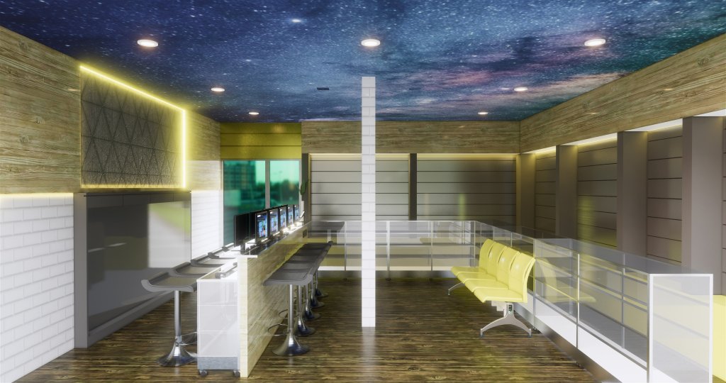 Interior instalasi ruang kantor digital printing tema galaksi dengan aksen warna kuning