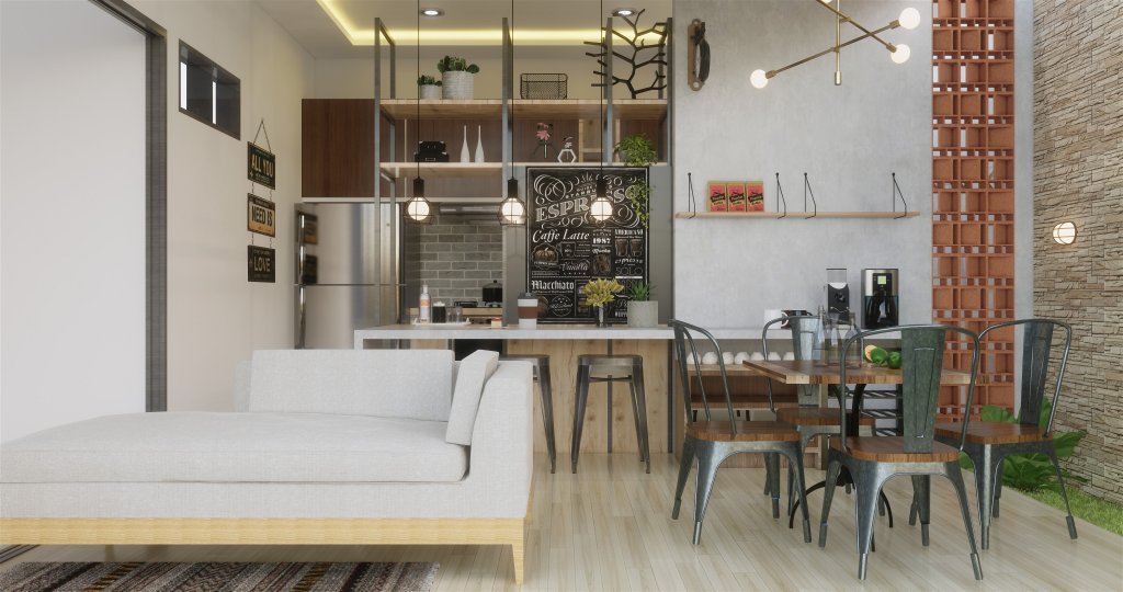 Desain ruang makan dan dapur gaya industrial