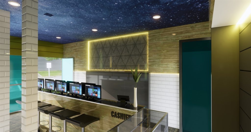 Desain interior ruang kantor modern dengan aksen galaksi 