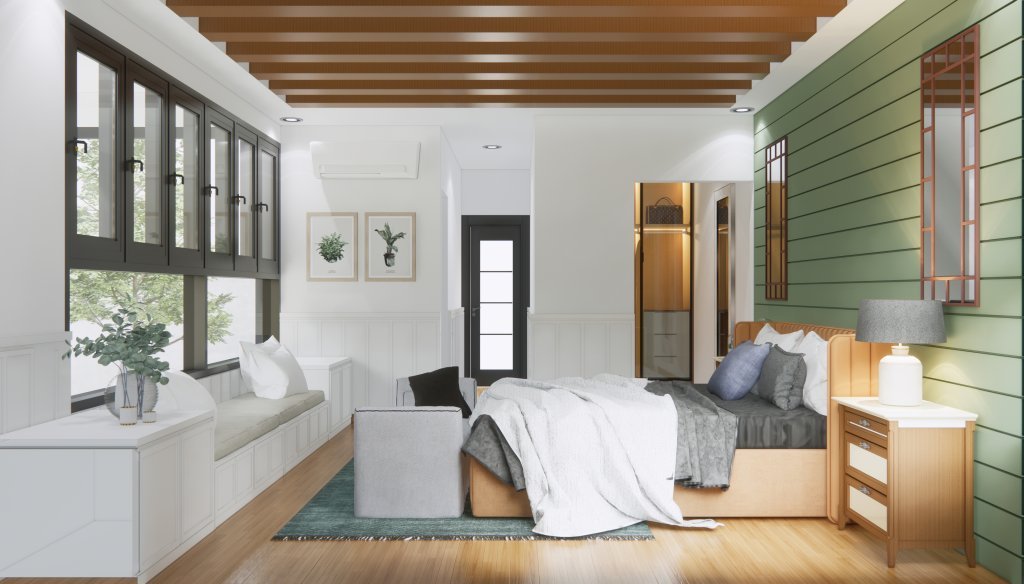 desain interior kamar farmhouse dengan lantai kayu
