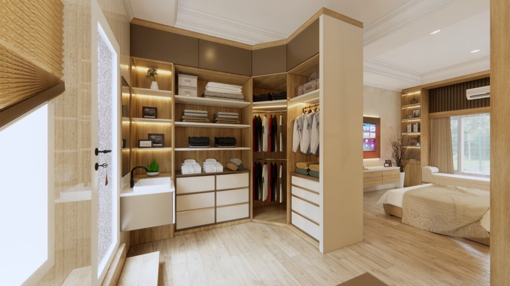 wardrobe kamar tidur modern dengan lantai kayu