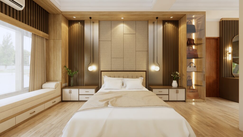 padded wall kamar tidur modern dengan hiasan sederhana