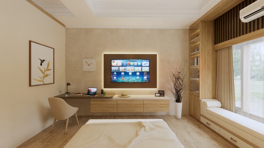 kamar tidur modern dengan backdrop televisi