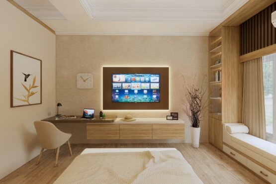 kamar tidur modern dengan backdrop televisi