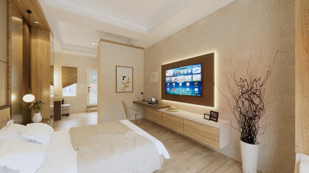 kamar tidur modern dengan furnitur kayu