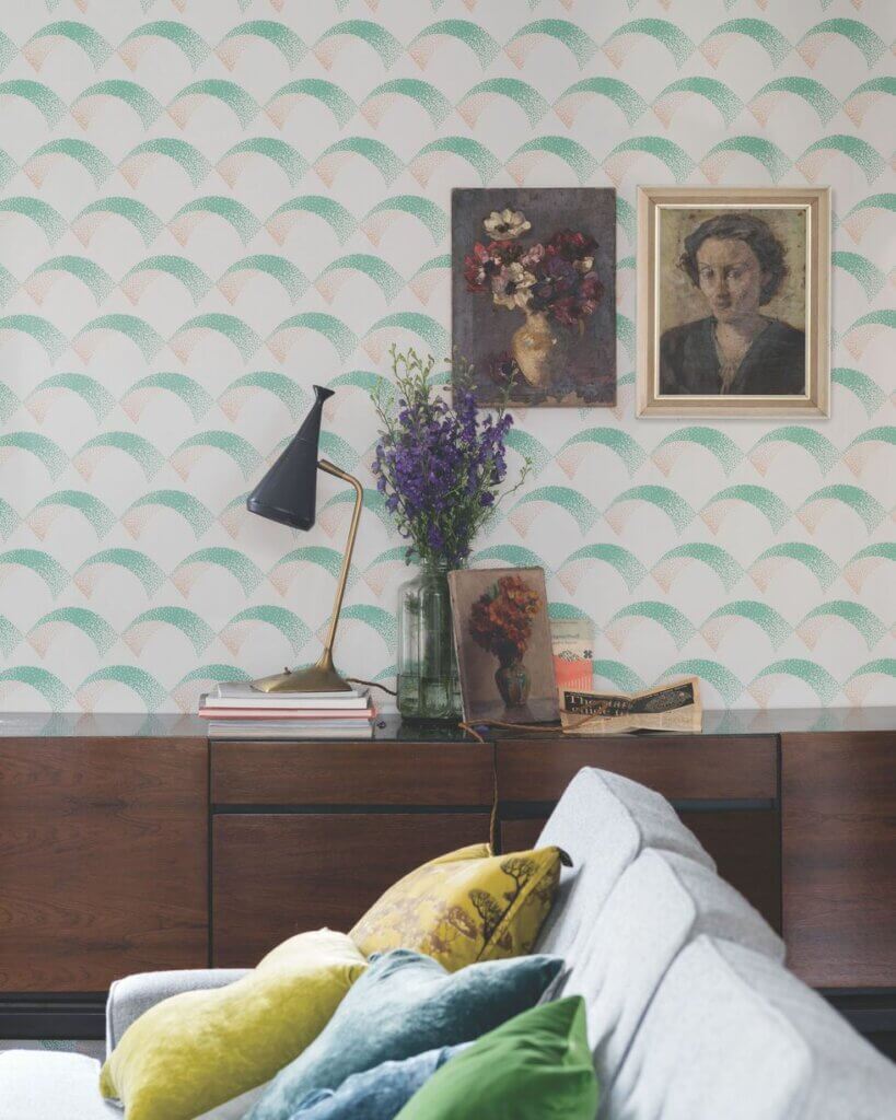 wallpaper dinding ruang tamu motif kerang