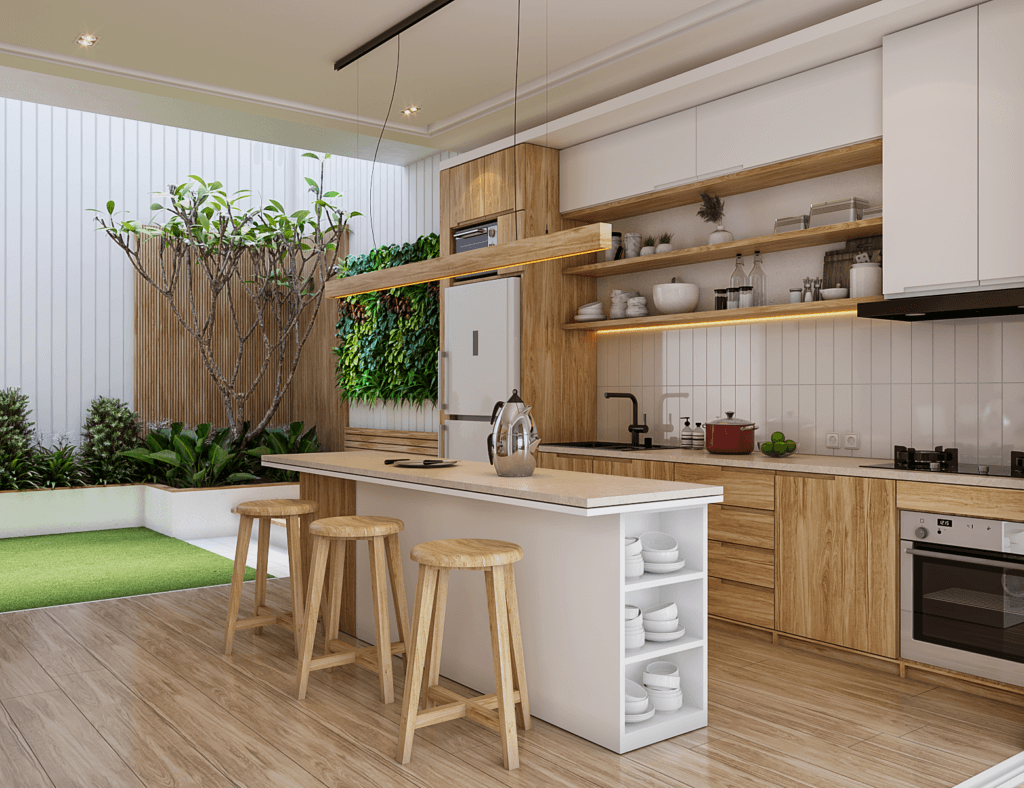 interior dapur minimalis dengan meja dapur kayu