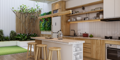 interior dapur minimalis dengan meja dapur kayu