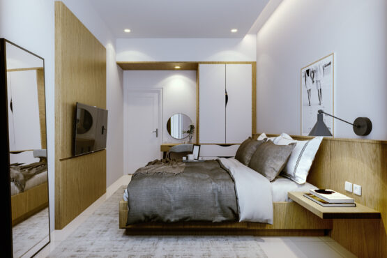 interior kamar tidur utama gaya skandinavian pamulang