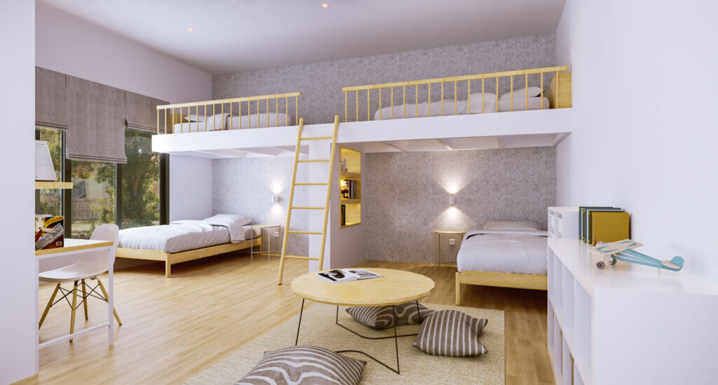 interior kamar tidur gaya scandinavian dengan rancangan loft bed