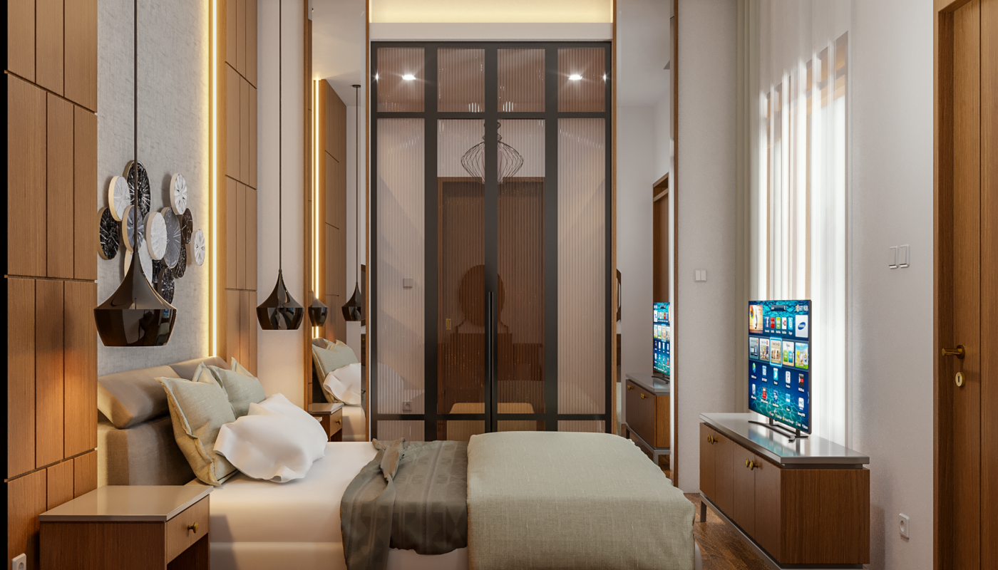 interior kamar tidur gaya modern natural, jakarta selatan