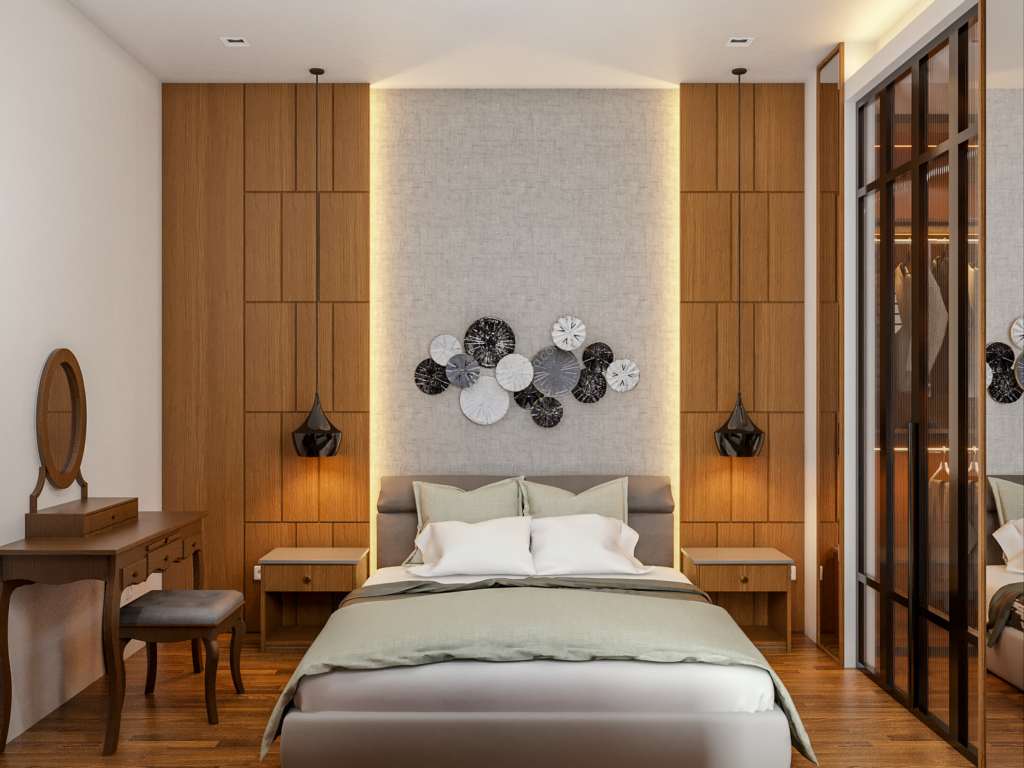 interior kamar tidur gaya modern natural, jakarta selatan