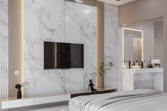 kamar tidur bergaya modern minimalis berwarna putih