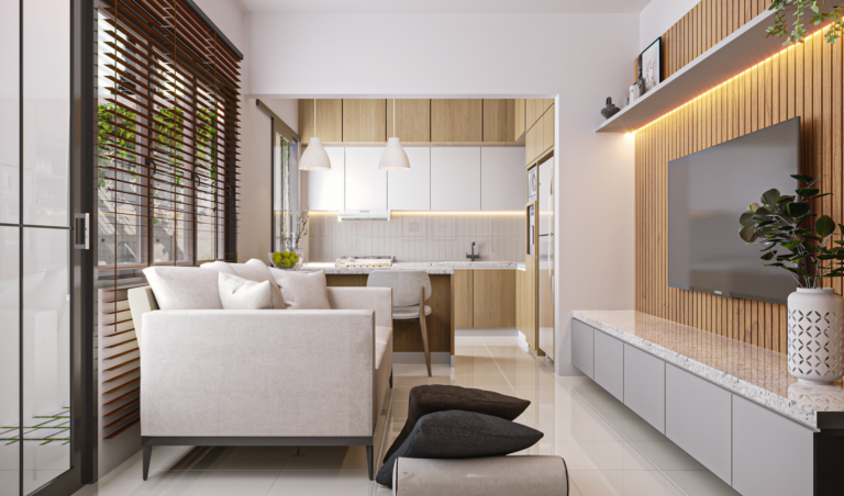 desain ruang keluarga dan pantry kontemporer