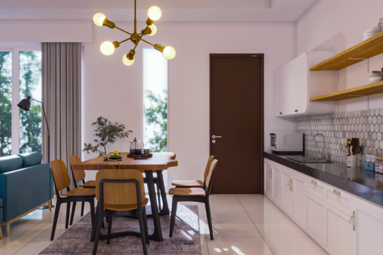 desain ruang keluarga dan dapur eklektik