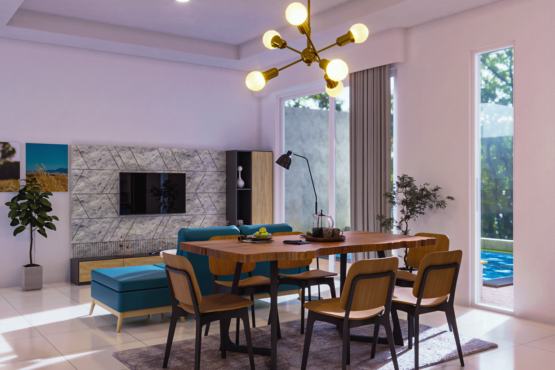 desain ruang keluarga dan dapur eklektik