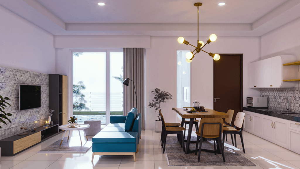 desain ruang keluarga dan dapur gaya eklektik
