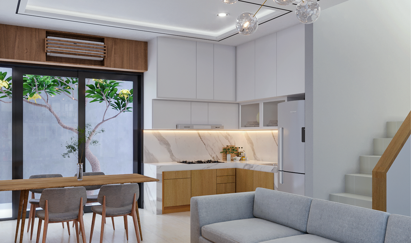 ruang keluarga dan area makan modern minimalis